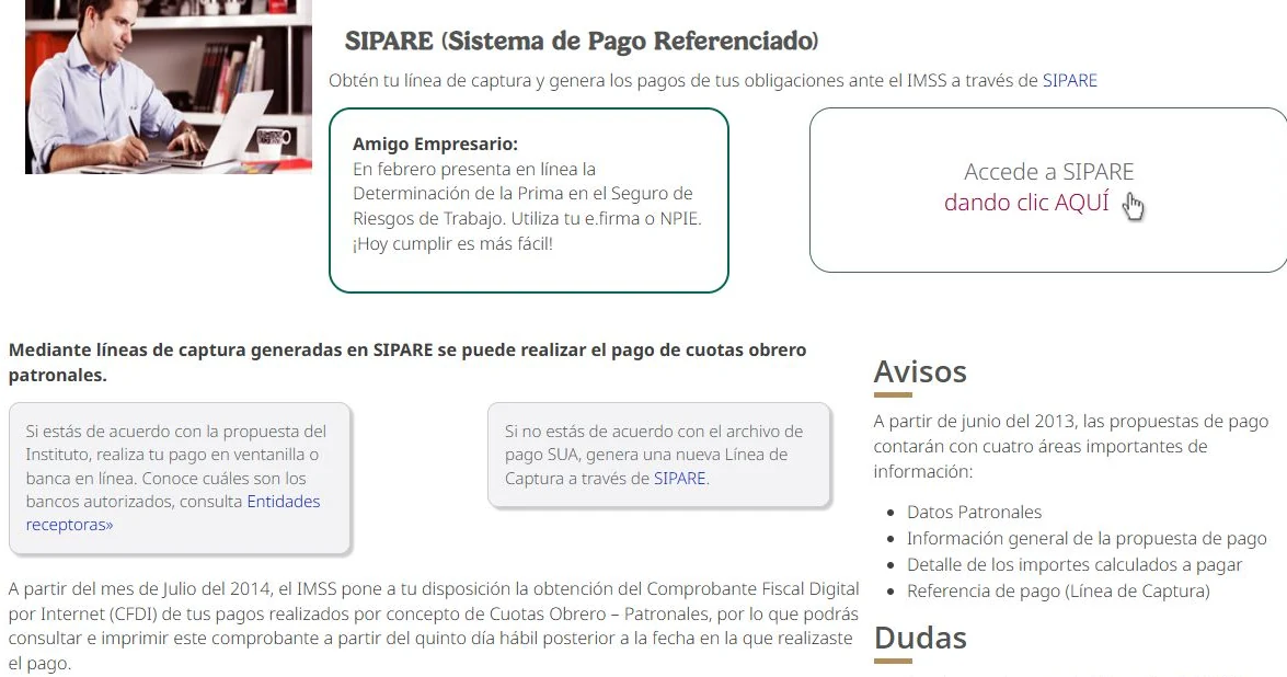 Public IMSS SIPARE service instructions with Accede a SIPARE, proposal payment, SUA-file generation and later CFDI lookup.