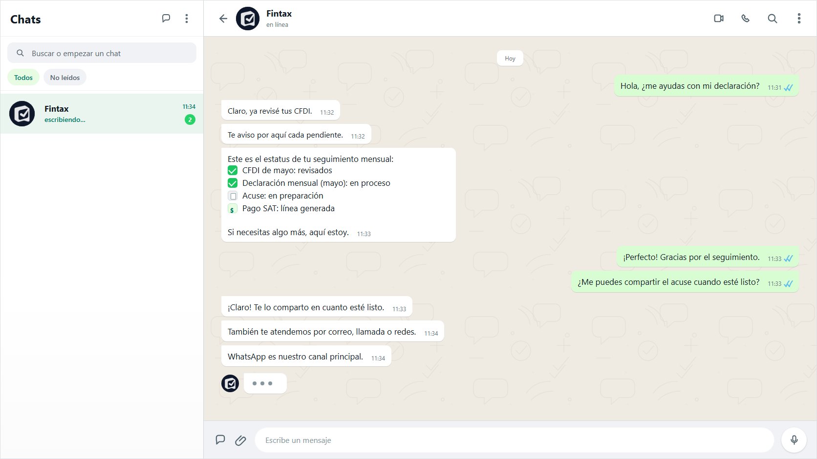 Chat de WhatsApp con un contador de Fintax respondiendo dudas de seguimiento fiscal
