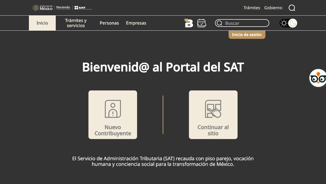 Portal actual del SAT con el acceso al Buzón Tributario visible en el encabezado